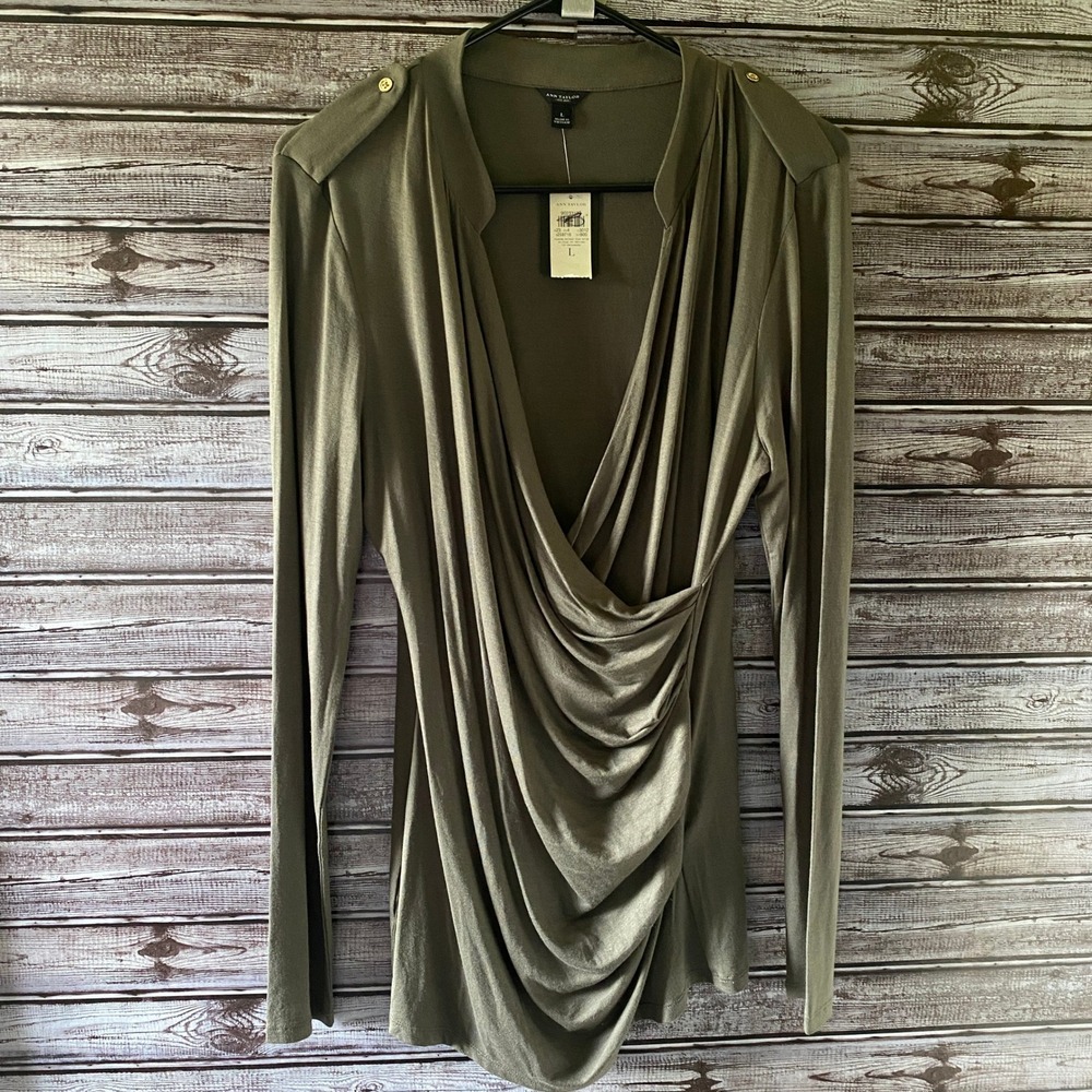 Ann Taylor Women's Long-Sleeved Top Size L Green-Gray Faux-Wrap V-Neck NWT‎